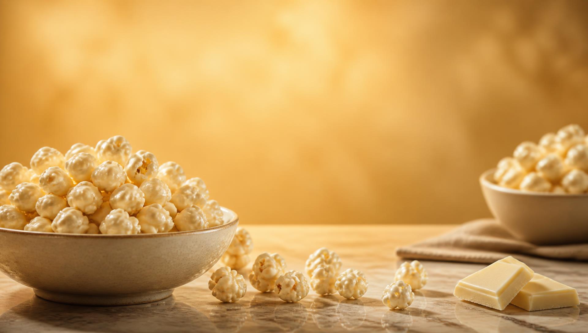 White chocolate puffcorn arranged on a warm gold set