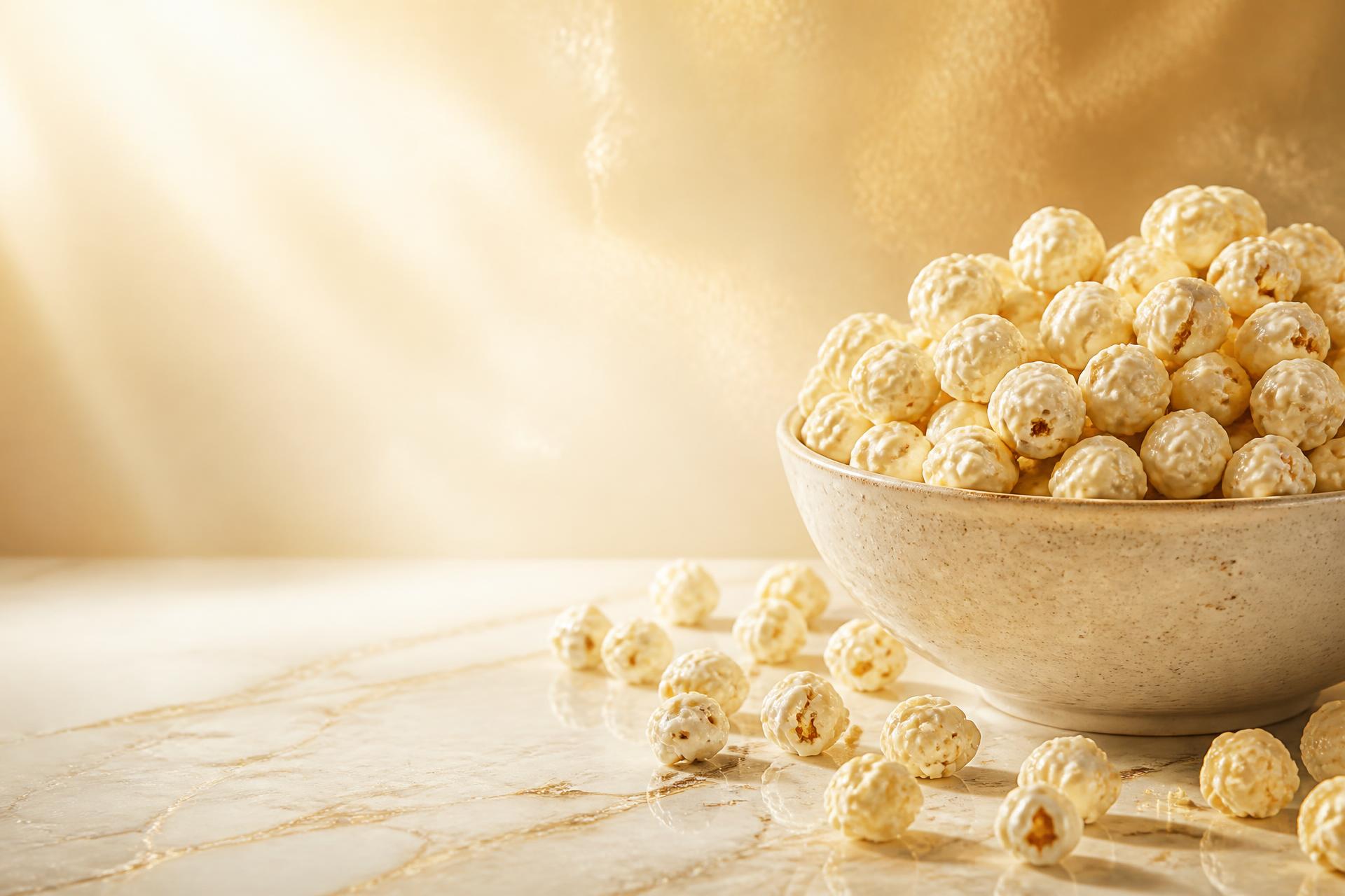 Bowl overflowing with white chocolate puffcorn