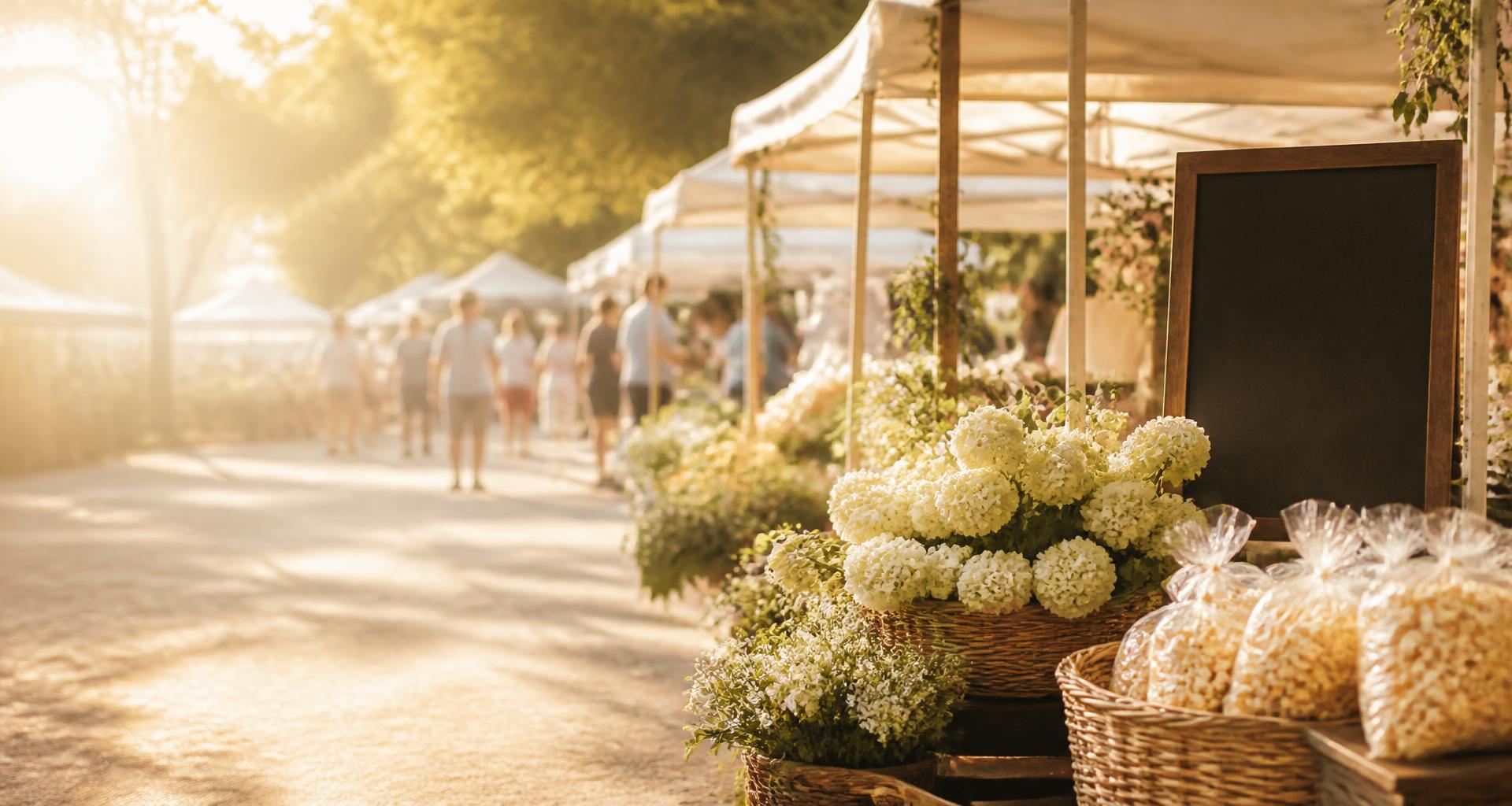 A sunlit local farmers market with tents and treats