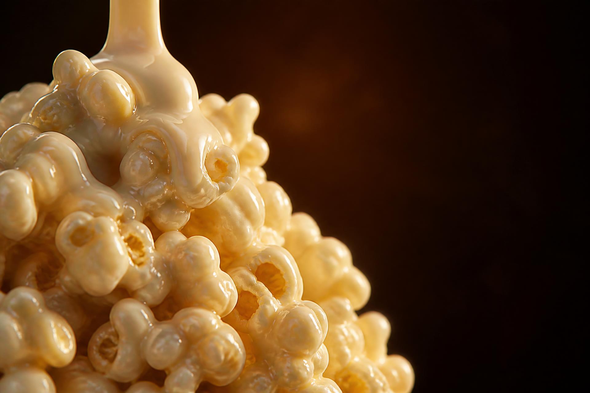 Close-up of puffcorn coated with flowing white chocolate